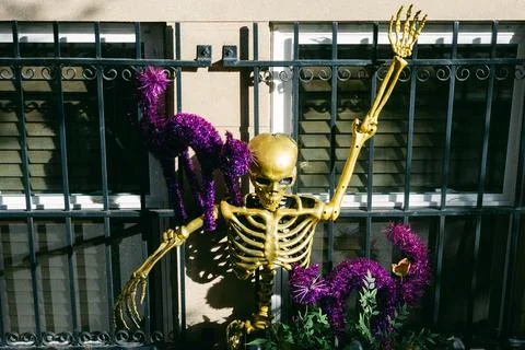 Golden skeleton waves cheerfully while a purple cat decorates a Halloween Stock Photos