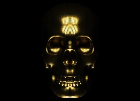 A golden skull made up of many tiny dots on a dark background. The pointillis Stock Illustration