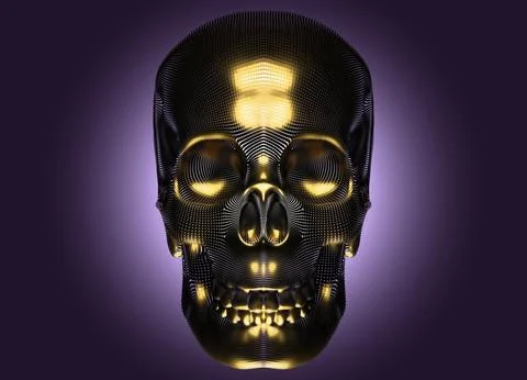 A golden skull made up of many tiny dots on a dark background. The pointill.. Stock Illustration