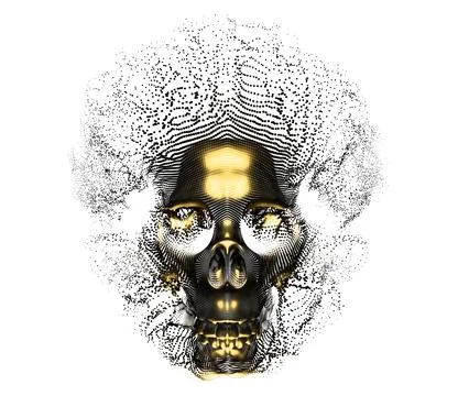 A golden skull made up of many tiny dots creating a noise effect. The compl.. 库存插图