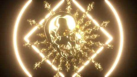 Golden Skull VJ Loop: Dark Cosmic Animation, Glittering Neon Skull Visual Stock Footage 283921126