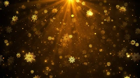 Golden snowflake background falling flakes, warm light rays, sparkling bokeh, fe Stock Footage 340417489