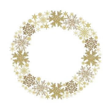 Golden snowflakes of different sizes isolated on white background. Christmas Stock Illustration