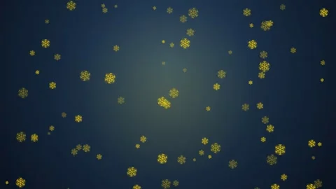Golden snowflakes falling slowly over a dark blue gradient background for Stock Footage 345427269