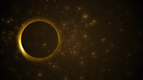Golden solar eclipse particles shine around circular silhouette with warm space Stock Footage 333977758