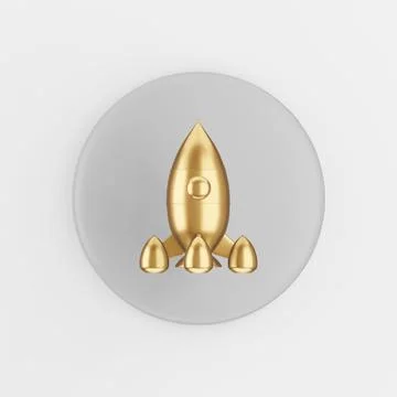 Golden space rocket icon. 3d rendering gray round key button, interface ui ux Stock Illustration