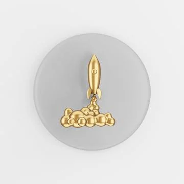 Golden space rocket launch icon. 3d rendering gray round key button, interfac Stock Illustration