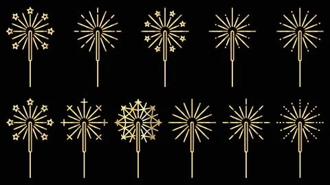 Golden sparkler firework collection with elegant star patterns. Stock Illustration