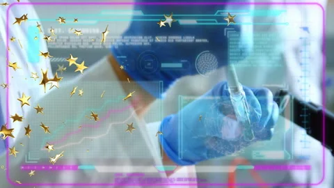 Golden sparkles drifting over interface, gloved hands lowering pipette tip into Video stock 309678691