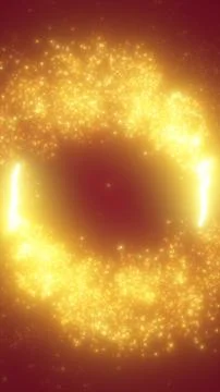 Golden sparkling particle vortex ring on warm red gradient, abstract energy.. Stockillustratie