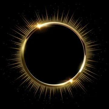 Golden sparkling ring with rays and glitter isolated on black background. Vector Stock Illustration