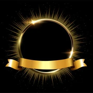 Golden sparkling ring with rays and glitter and golden ribbon isolated on black Stock Illustration