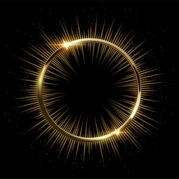 Golden sparkling ring with rays isolated on black background. Vector golden Stock Illustration