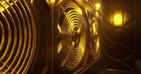Golden speaker design with intricate patterns and lighting in a modern space Illustrazione stock