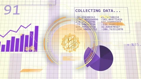 Golden sphere appearing and rotating, driving HUD rings, purple charts rising, Stock Footage 335761795