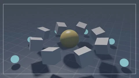 A golden sphere surrounded by rotating cubes and light blue spheres in a Stock Footage 336187232