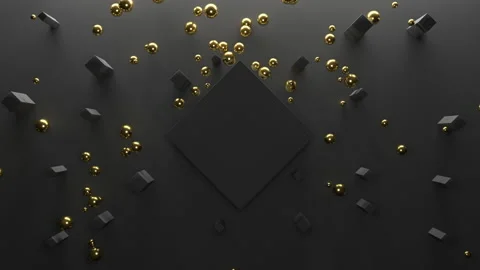 Golden spheres fall against the dark wall and bounce off the central big block Stock Footage 145266092