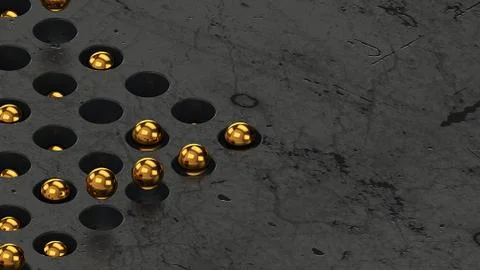 Golden spheres on graphite gray background. Abstract motion design 3d render Stock Illustration