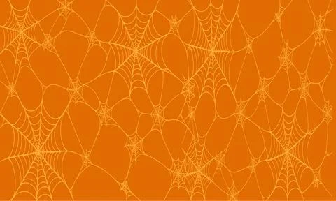 Golden Spiderweb Seamless Pattern on Vibrant Orange Background Stock Illustration