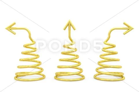 Golden spirals with different direction arrows on white background Stock Illustration