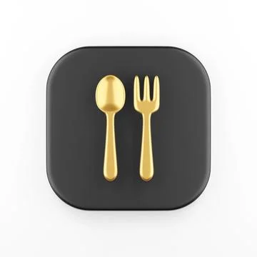 Golden spoon and fork icon in cartoon style. 3d rendering black square butt.. Stock Illustration