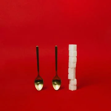 Golden spoons and stack of sugar cubes on red 스톡 사진