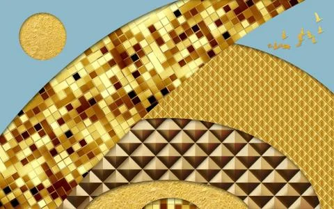 Golden square and triangular tiles on a blue background, golden birds 스톡 일러스트
