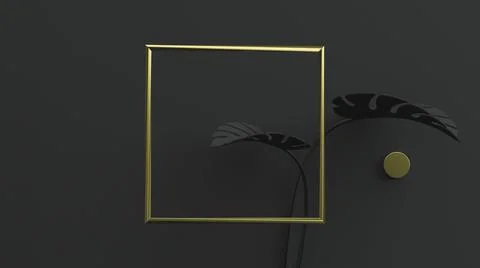 Golden square frame on black background with monstera leaves. 3D Illustration Stock Illustration