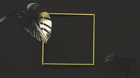 Golden square frame on black background with monstera leaves. 3D Illustration Stock Illustration