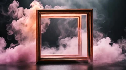 Golden square frames on a black background with dry ice smoke around. Vídeos de archivo 273954313