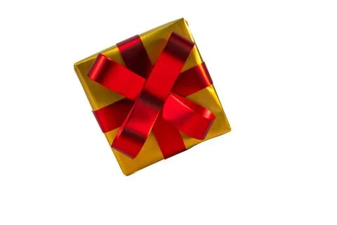 Golden square gift box with red ribbon isolated on white background Stock Photos