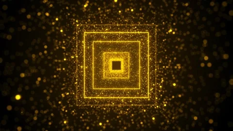 Golden square particle tunnel background glowing frames, depth perspective, and Stock Footage 340084202