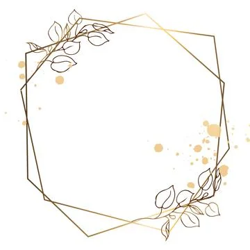 Golden square polygonal frame with branches and golden flowers White background Illustrazione stock