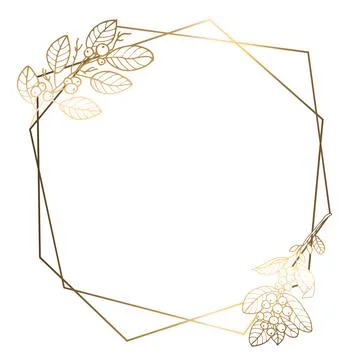 Golden square polygonal frame with branches and berries, golden flowers. White Illustrazione stock