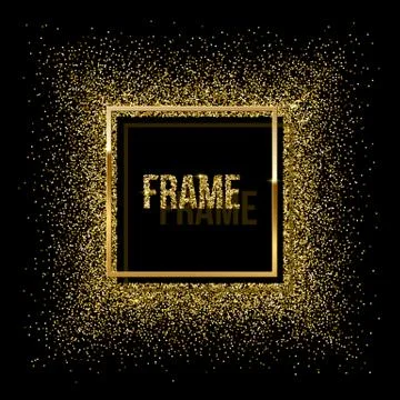 Golden square with shadow and frame made of golden glitter isolated on black Stock Illustration
