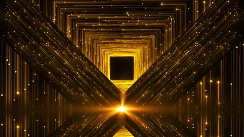 Golden square tunnel background glowing X shaped lines, portal , floating partic Stock Footage 340419348