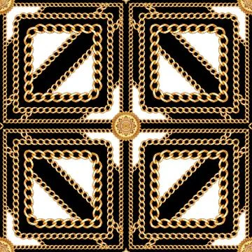 Golden squared chains seamless pattern on black background. Fashion luxury gold Stock Illustration