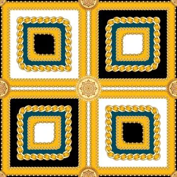 Golden squared chains seamless pattern with white and yellow background. Fashion Stock Illustration