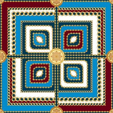 Golden squared chains seamless pattern with red and blue background. Fashion lux Stock Illustration