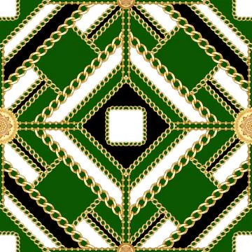 Golden squared chains seamless pattern with white and green background. Fashion Stock Illustration