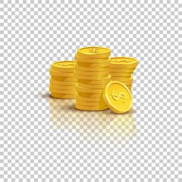 Golden stack of coins with mirror reflection isolated on transparent background Stock Illustration