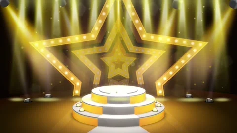 Golden stage with illuminated star backdrop and spotlight effects Vidéo 344945306