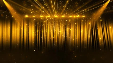 Golden stage light background overhead spotlights, falling glitter dust, warm be Stock Footage 340470011