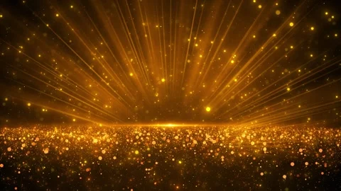 Golden stage light rays background bright flare, dense glitter floor, warm bokeh Stock Footage 340469613