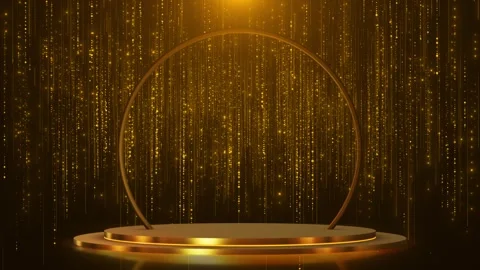 Golden stage podium sparkling vertical light rain, glowing arch, warm luxury atm Stock Footage 340453014