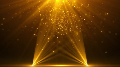 Golden stage spotlight background bright floor beams, floating glitter particles Stock Footage 340452614