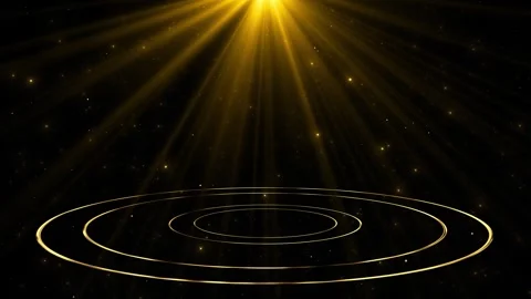 Golden stage spotlight background circular rings, overhead beams, glowing partic Stock Footage 340411599