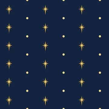 Golden Star of Bethlehem seamless pattern with sparkling stars and dots on dark Stock Illustration