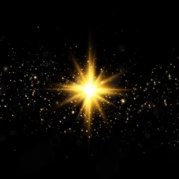 Golden star, on a black background, the effect of glow and rays of light Illustrazione stock