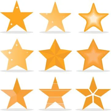 Golden star icons vector set nine different yellow star shapes isolated Stock Illustration